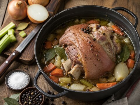 Schweinshaxe gart mit M&ouml;hren, Sellerie, Zwiebeln, Lorbeer und Pfeffer in kr&auml;ftiger Br&uuml;he. Rustikale Zubereitung eines deftigen deutschen Fleischgerichts im schweren Br&auml;ter.