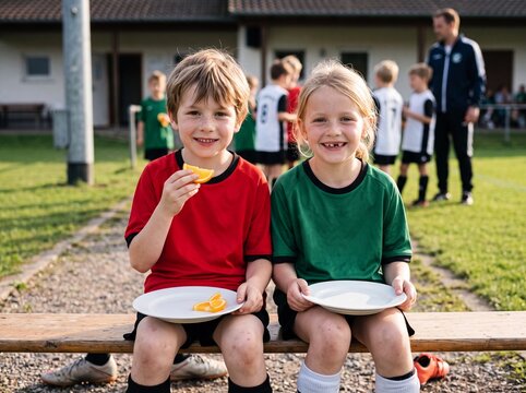 Kinder essen Orange in der Halbzeitpause beim Kinderfu&szlig;ball