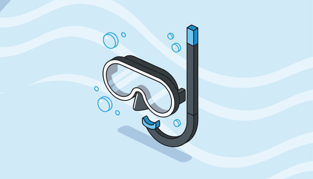 Isometric vector illustration of a diving mask and snorkel set floating under water surrounded by blue rising bubbles.