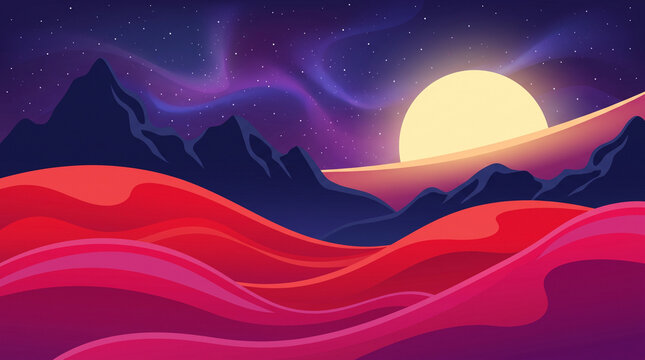 Stylized vector landscape with flowing red and magenta wave hills silhouetted against dark jagged mountains under a purple starry sky with aurora effects