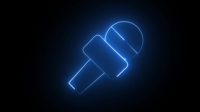 Glowing blue neon microphone icon representing media news and broadcasting on a dark background