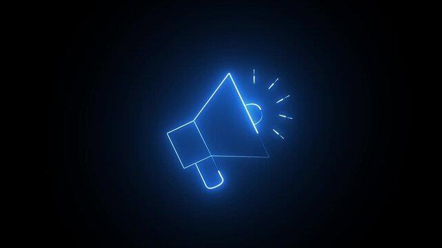 Blue neon glowing megaphone icon on a dark background for marketing and communication concepts