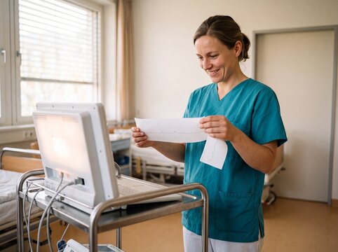 Hebamme liest Wehenkurve vom CTG-Papierstreifen in Nahaufnahme