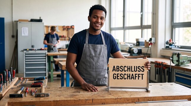Auszubildender zeigt Plakette Abschluss geschafft in Werkstatt