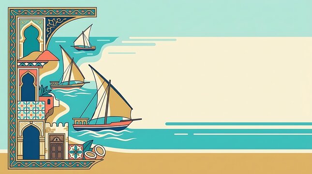 Arabic coastal landscape with traditional dhow boats and copy space