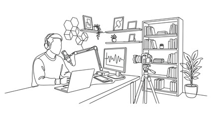 Obraz premium A line art illustration of a male podcaster recording audio content in a home studio.