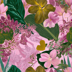 Tropical floral Seamless Pattern with pink and green leaves © Maria