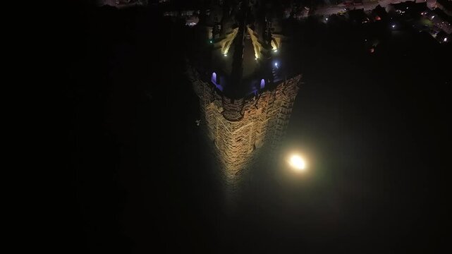 Beautiful Cinematic NIGHT aerial view of the National Wallace Monument Aerial View Over Stirling, Scotland &ndash; Historic Landmark and Scenic Town Landscape