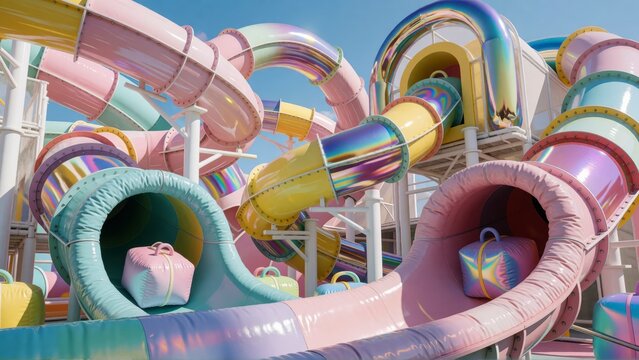 Pastel water park slides. Colorful iridescent tubes at a summer amusement attraction.