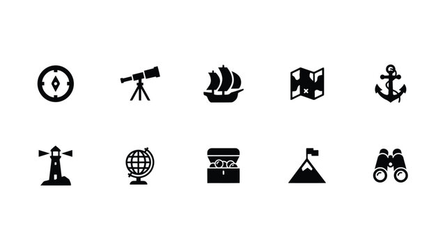 Black and white minimalist icons set with high contrast black icons depicting classic exploration tools compasses organized grid against neutral background