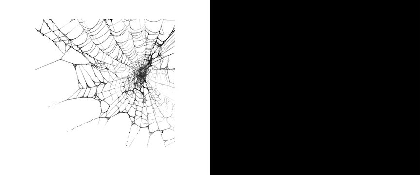Spooky spider web illustration, creepy cobweb corner design element, black and white gothic graphic for Halloween decorations