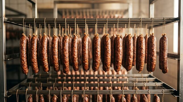 Rows of traditional smoked sausages hanging on metal racks