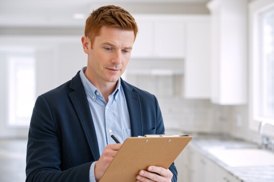 Male home inspector writing on clipboard in modern kitchen. Professional real estate agent conducting property appraisal. Ginger man in blazer checking house interior