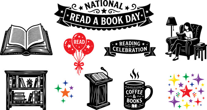 National read a book day celebration set with open book, reader in armchair, bookshelf, coffee mug, and festive decorations