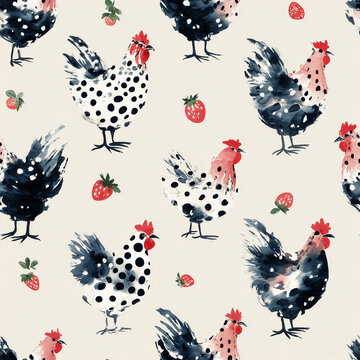 Watercolor Chicken and Strawberry Seamless Pattern