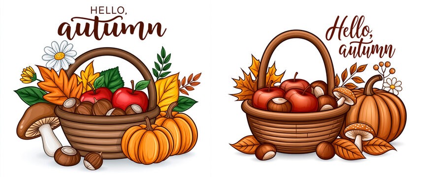 Beautiful sticker basket, pumpkin, apples, mushrooms and autumn leaves isolated on white background
