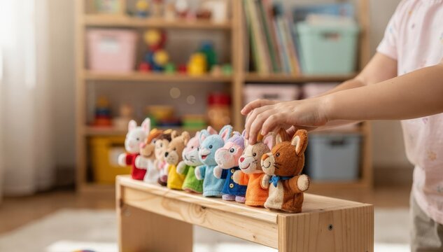 Medium shot of a childs hand gently arranging colorful puppets on a small stage with blurred playroom shelves in the background highlighting a therapeutic play space.
