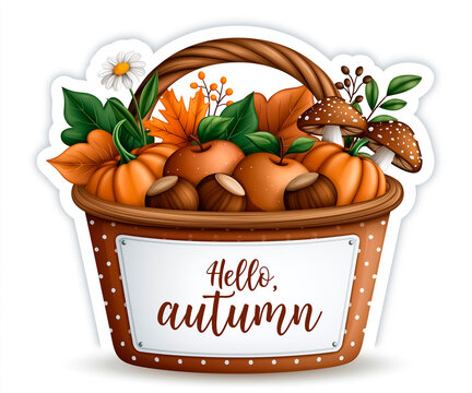 Beautiful sticker basket, pumpkin, apples, mushrooms and autumn leaves isolated on white background