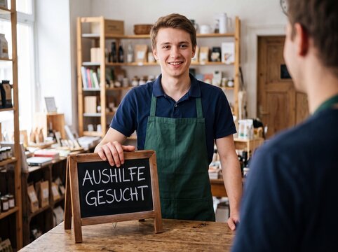Aushilfe gesucht auf Kreidetafel im Laden &uuml;ber die Schulter