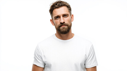 Obraz premium Handsome Young Man in White T-Shirt Standing and Smiling Confidently in Studio, Casual Fashion Portrait of Muscular Male Model with Lifestyle Style and Strong Expression