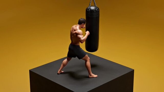 Muscular Boxer Training with Heavy Punching Bag on Minimalist Platform.