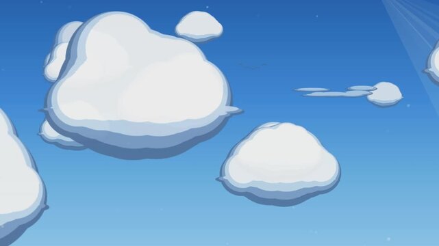 Cartoon animated sky with fluffy white clouds drifting across sunny blue horizon.
