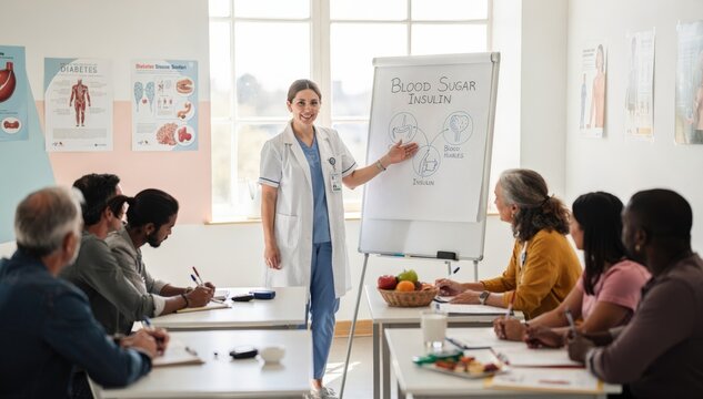 Medium shot of a healthcare professional leading a diabetes selfmanagement class in a bright focused room with attentive participants in the blurred background.