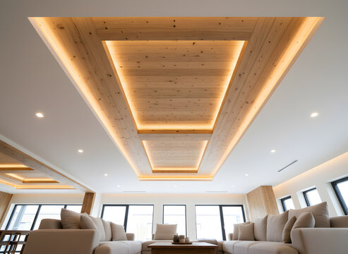 Warm wooden false ceiling with layered panels and concealed cove lighting, cozy modern interior, viewed at an angle