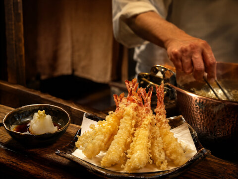 Crispy Japanese Ebi Tempura Served at Authentic Tempura Restaurant Counter.