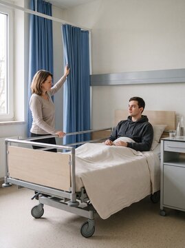 Besucherin schiebt Vorhang beiseite am Krankenhausbett in Halbtotale