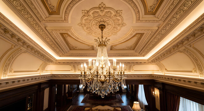 Ornate classical false ceiling with decorative molding and an elegant chandelier, luxurious interior, warm lighting, viewed from below