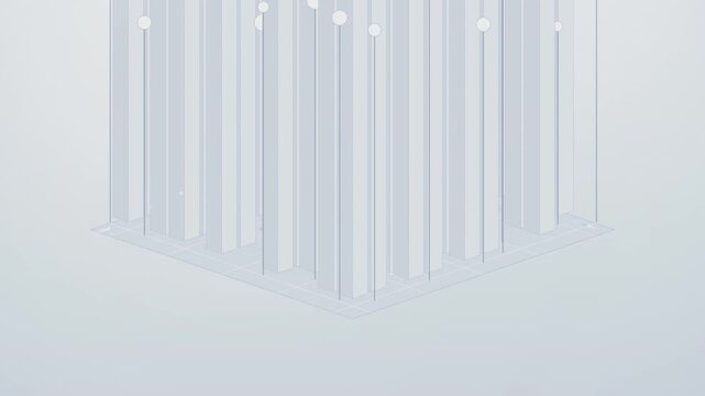 Abstract white isometric pillars motion graphics with geometric lines and glowing points in minimalist digital space.