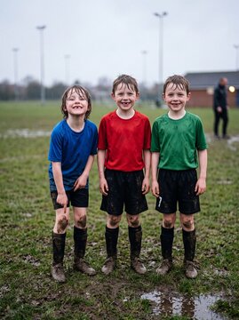Drei Fu&szlig;ballkinder mit matschigen Knien nach dem Training im Regen