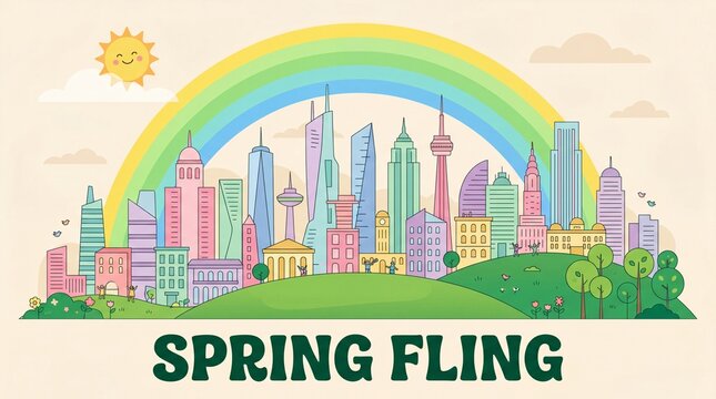 Colorful spring fling cityscape illustration with rainbow with cheerful spring celebration graphic pastel city skyline flat design vector art architecture background buildings