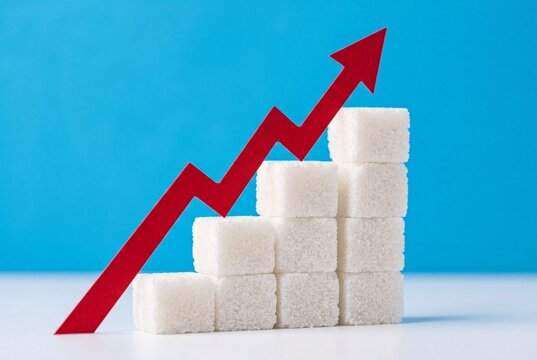 A conceptual studio shot of a red arrow rising over a staircase made of white sugar cubes against a blue background, representing the rising cost or consumption of sugar.