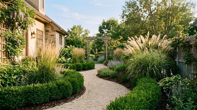 A beautiful winding stone garden path leading through a lush green english cottage garden on a sunny day