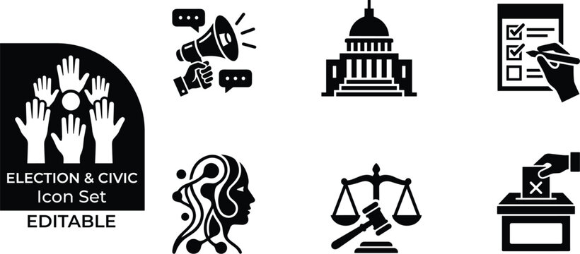 Election and civic icon set featuring various voting ballot government symbols for graphics.