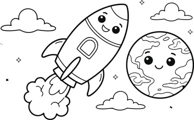 Cute Cartoon Rocket Flying to Smiling Saturn Planet Line Art Coloring Sheet © Orvexa Design