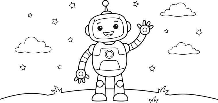 Cute Space Robot Standing and Waving Hand with Stars and Clouds Line Art Coloring Page