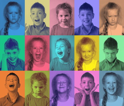 The collage of girls and boy with different emotions with duoton