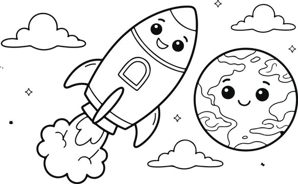 Cute Cartoon Rocket Flying to Smiling Saturn Planet Line Art Coloring Sheet