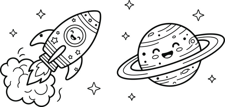 Cute Space Rocket Blasting Off Near Ringed Planet Coloring Sheet