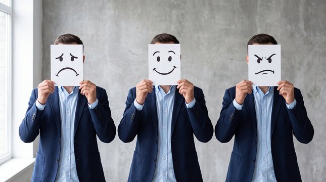 Three business men holding cards with different emotions over their faces, representing the concept of mental health or workplace mood in a professional studio setting.