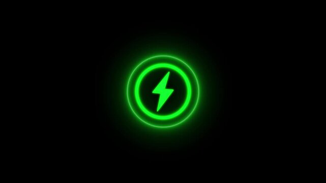 Neon glowing battery charging icon animation with neon circle on black background with alpha channel. Neon power button icon glowing colorful animation. green circle and charging icon.