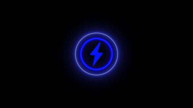 Neon glowing battery charging icon animation with neon circle on black background with alpha channel. Neon power button icon glowing colorful animation. Blue circle and charging icon.