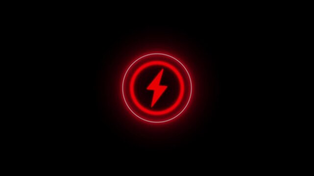 Neon glowing battery charging icon animation with neon circle on black background with alpha channel. Neon power button icon glowing colorful animation. Red circle and charging icon.