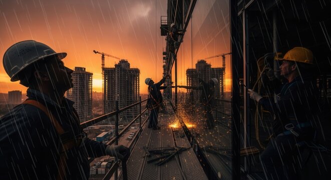 Construction Workers Toiling On High-Rise Buildings During A Vivid Sunset With Rain Showers