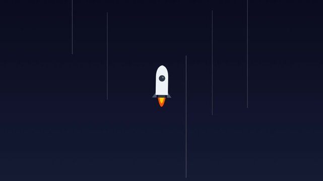 Minimalist rocket ship flying upward against a dark background sky