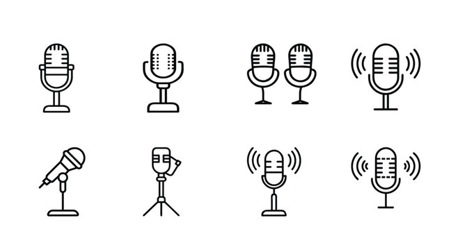 Microphone line icons set, podcast, audio, broadcast, radio, sound, studio, music, record, voice, interview  vector illustration with editable stroke.