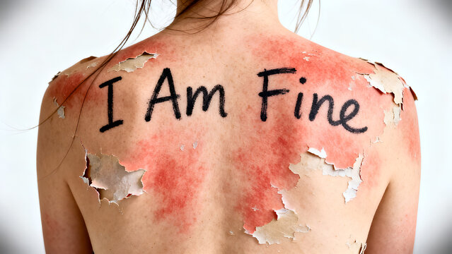 Close Up of Sunburned Back with Peeling Skin and &ldquo;I Am Fine&rdquo; Message, Emotional Concept of Hidden Pain, Vulnerability, Mental Health and Summer Sunburn